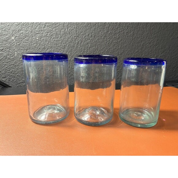 Unbranded Other - Mexican Hand Blown Glassware Cobalt Blue Rim 5" Tall Set of 3